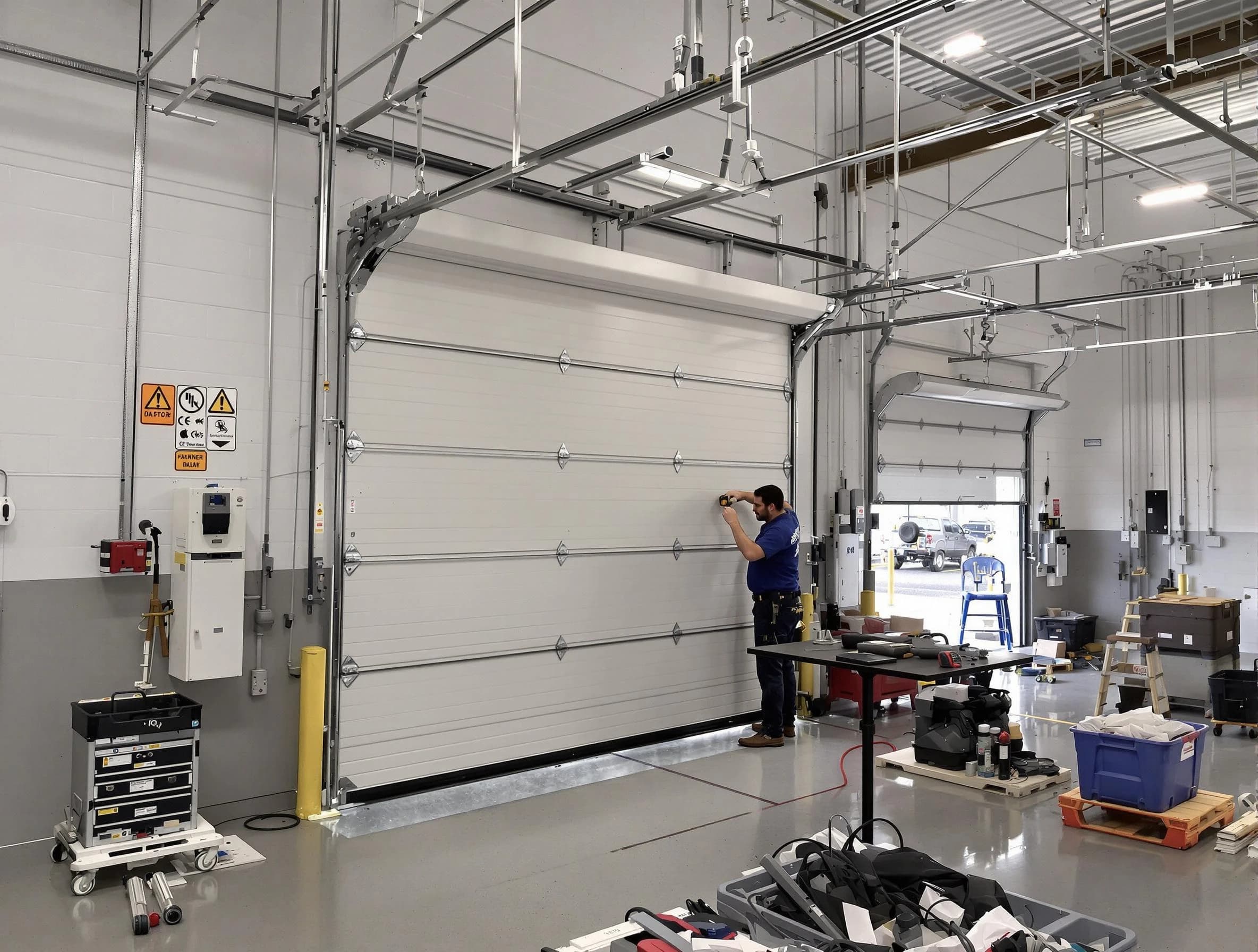 Commercial garage door repair being performed by Marshall Garage Door Repair expert in Marshall