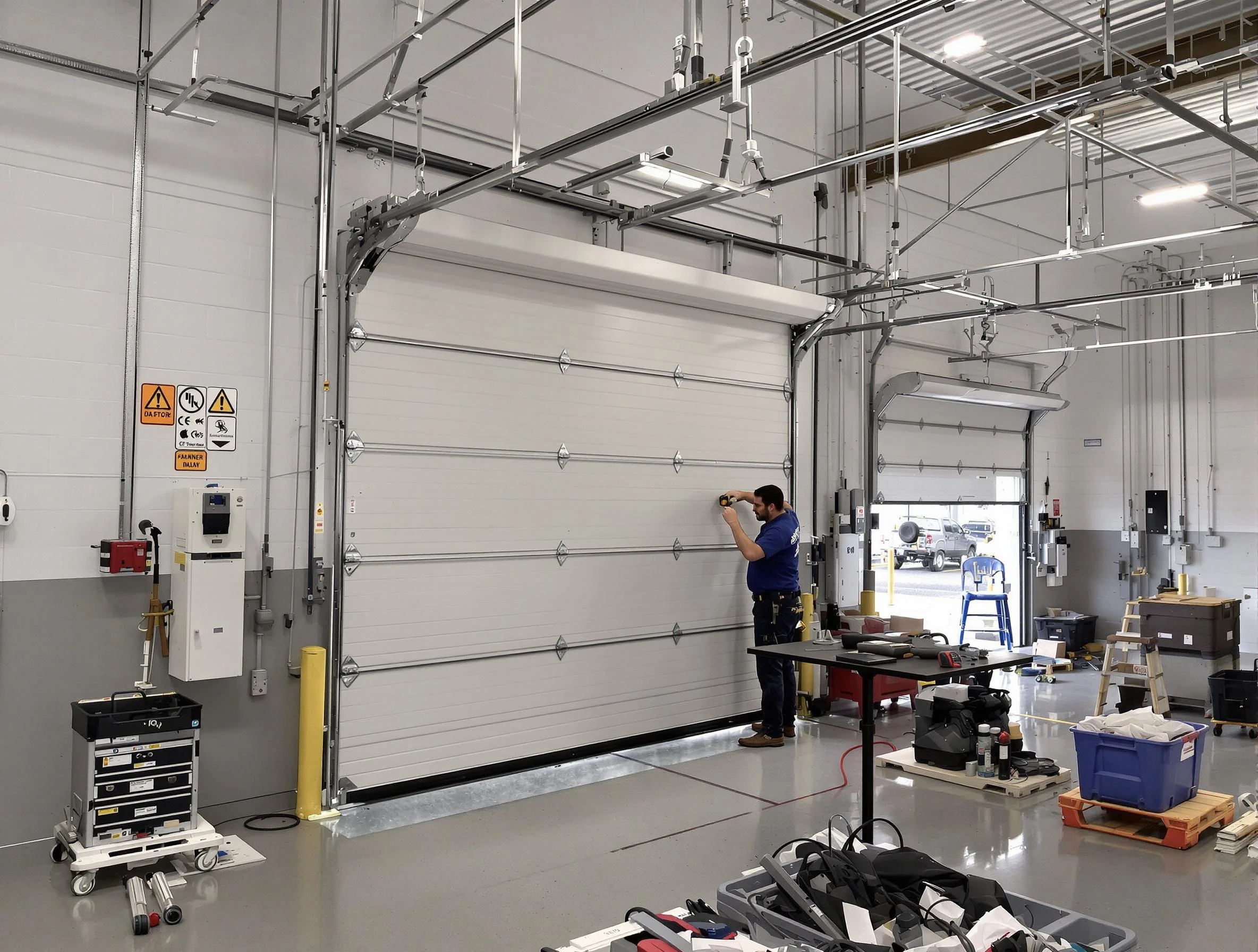 Commercial garage door repair being performed by Marshall Garage Door Repair expert in Marshall