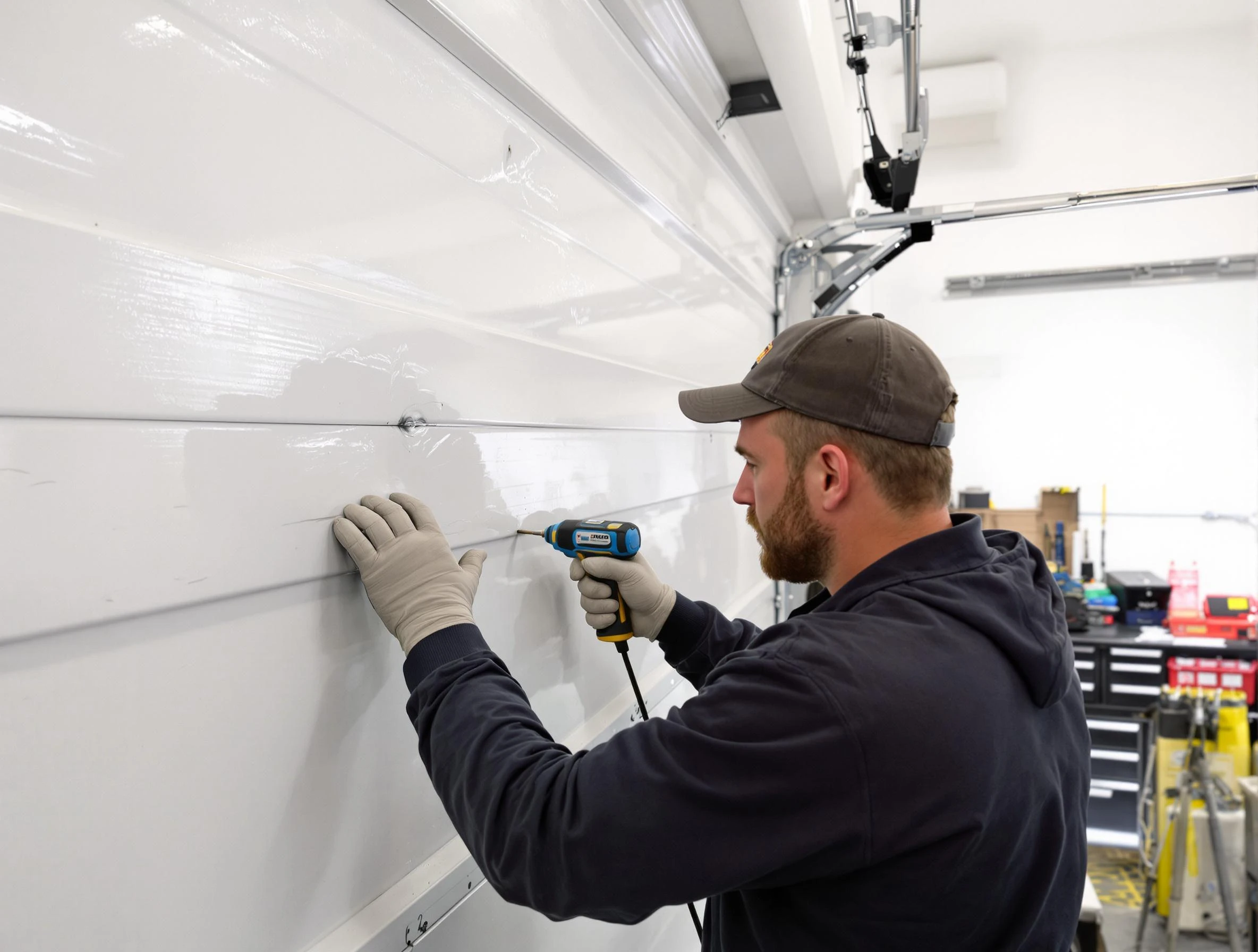 Marshall Garage Door Repair technician demonstrating precision dent removal techniques on a Marshall garage door